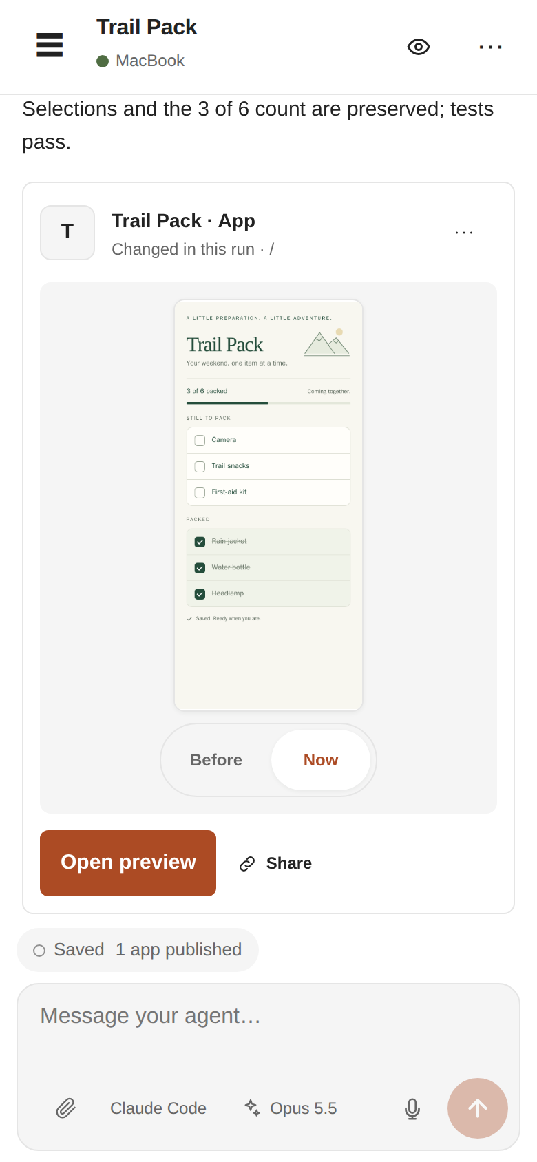 Back in the Bivy chat, the agent’s reply is followed by a review card showing Trail Pack with the new Packed section, and a Before / Now switch.