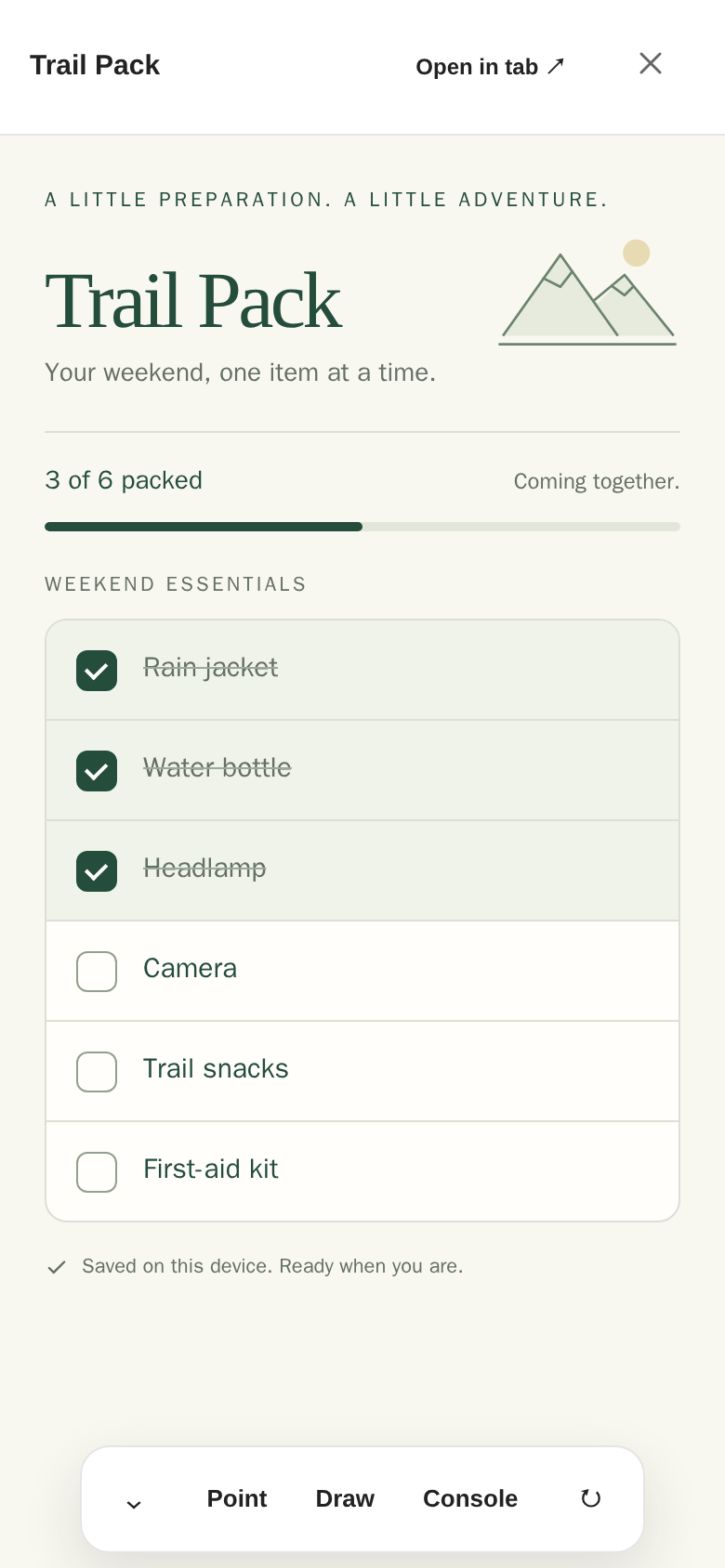 Trail Pack open in Bivy’s preview drawer, with three checked items at the top of the packing list and the Point, Draw and Console controls below.